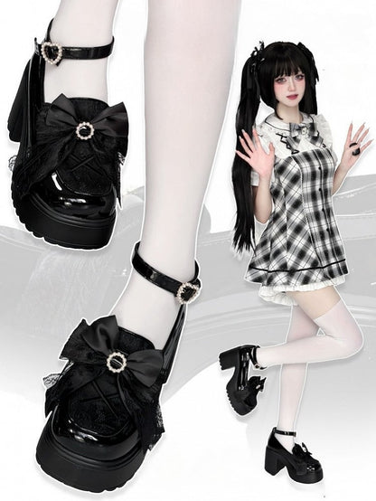 Bow High Block Kei Jirai Top Schwarz Perlen Plateau Heels Sohle PU Dekor mit