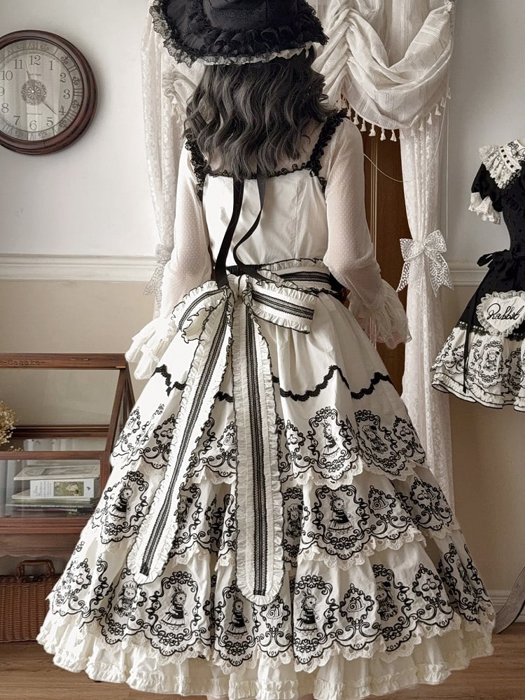 Lolita with Edge Scalloped Layered Elegant Trim Black Rabbit Pattern White Skirt