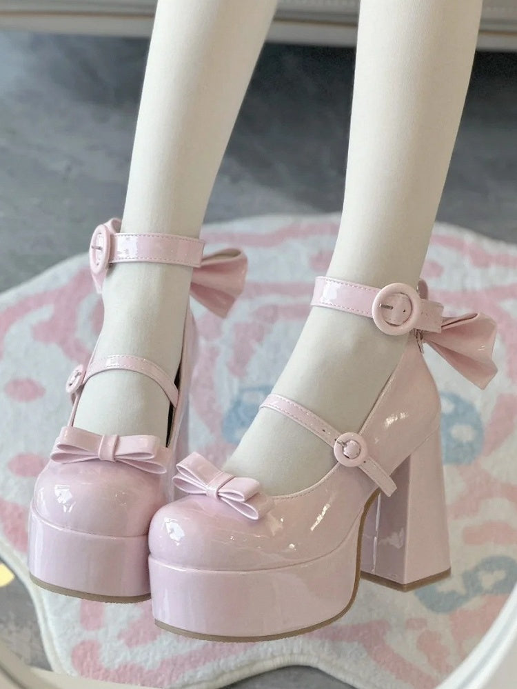 Platform with Buckle Mary PU Polished Classic Janes Circle Lolita Detachable for Pink Bow - High-heel
