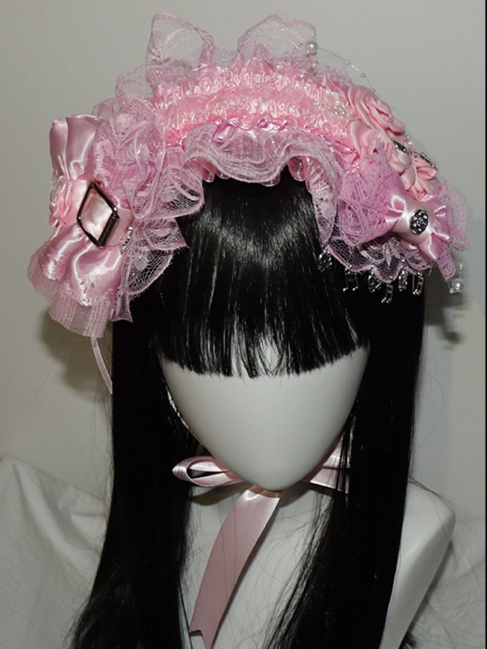 Design Lace Bowknot Hairband Floral Details Pink Trim