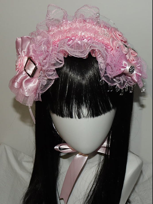 Design Lace Bowknot Hairband Floral Details Pink Trim