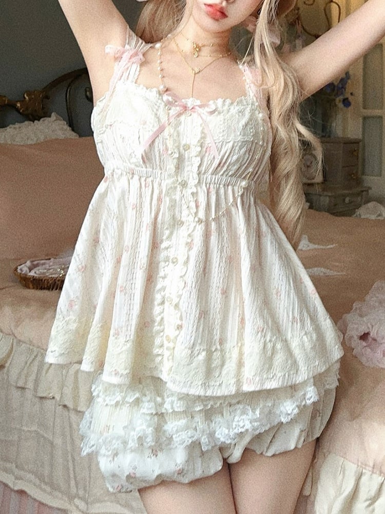 Cami Satin Top With Trim Floral Bows Lace Pink