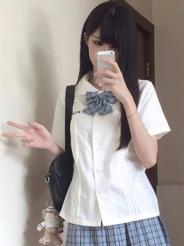 Style Short Preppy Pan White/Blue Peter Shirt Sleeves Version Pleating Details Collar