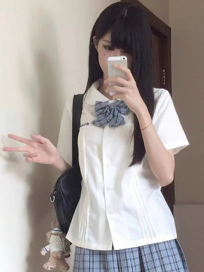 Style Short Preppy Pan White/Blue Peter Shirt Sleeves Version Pleating Details Collar