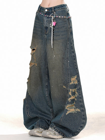 Denimblaue Distressed-Löcher-Jeans mit weitem Bein