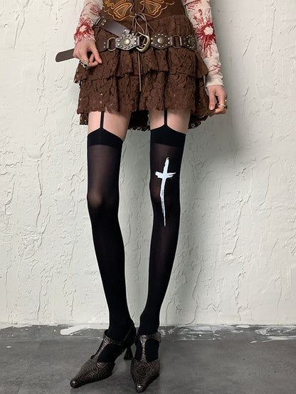 Stockings Suspender Print Cross Black Y2K