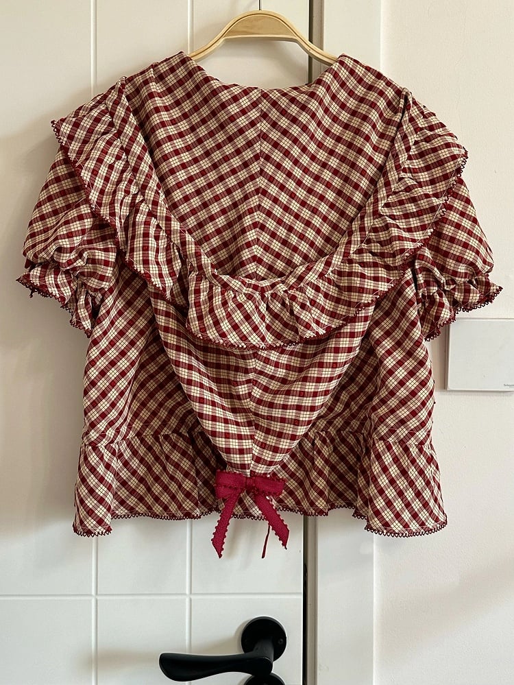 Blouse Red Hooded Pattern Short Lolita Sleeves Plaid