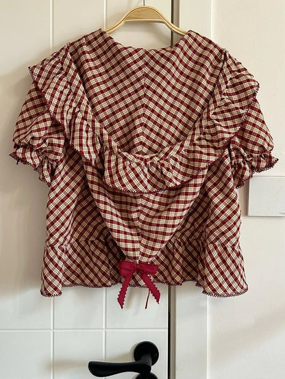 Blouse Red Hooded Pattern Short Lolita Sleeves Plaid
