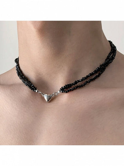 Obsidian Bead Necklace with Silver Heart Charm - YSHXS