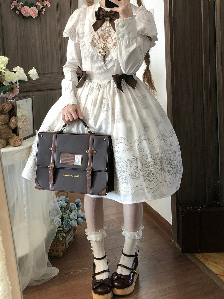 White and Piece Bodice Short Bowknot One Floral Embroidery Classic Version Lolita
