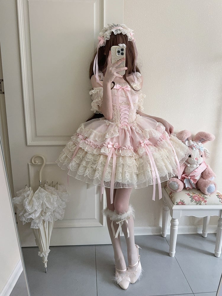 / Multi-Layer Ballet-Style Large Cute Only JSK Dress with Lace Train + Skirt Bow Details Pink Princess Ribbon