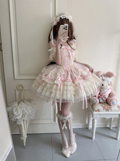 / Multi-Layer Ballet-Style Large Cute Only JSK Dress with Lace Train + Skirt Bow Details Pink Princess Ribbon