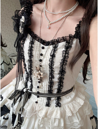 Elegant Lace-Accented Top Black Camisole White Lolita
