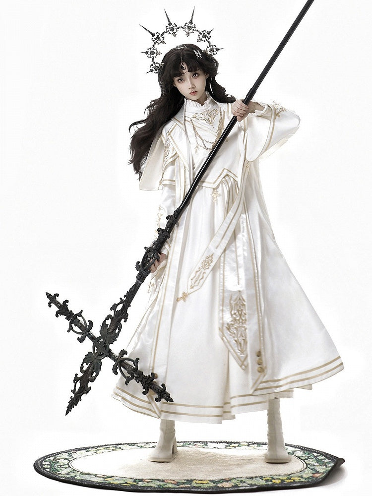 Gothic White Lolita Coat Gold Cross Button Details - Xiong Dou Jiang