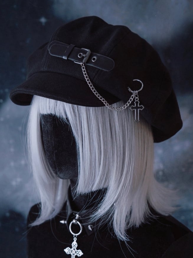 Gothic Beret Chain Buckle with Black Handmade PU Cross