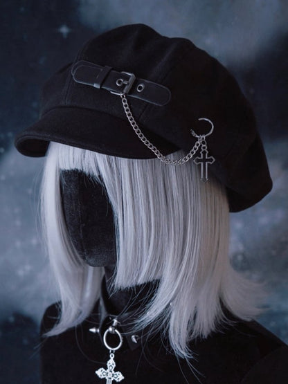 Gothic Beret Chain Buckle with Black Handmade PU Cross