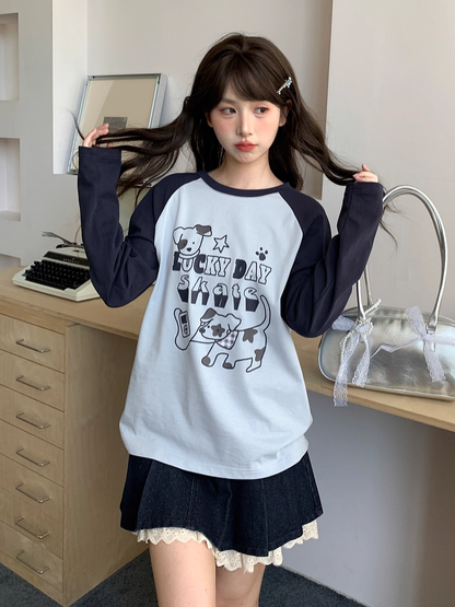 トップス ホワイト/ブルー カラーブロックデザイン 愛らしい子犬プリント ルーズ