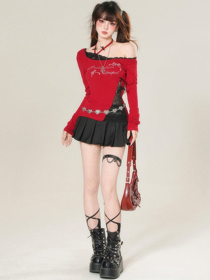 And Sleeves Letter Top Long Rhinestone Decorated Bowknot Glamorous Red/Black