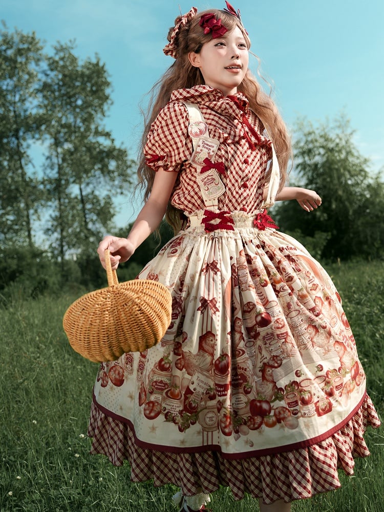 Blouse Red Hooded Pattern Short Lolita Sleeves Plaid