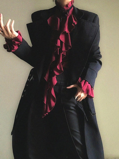 Poet Accents Lolita Vintage Sleeves Unisex Cascading Ouji with Ruffle Shirt Red
