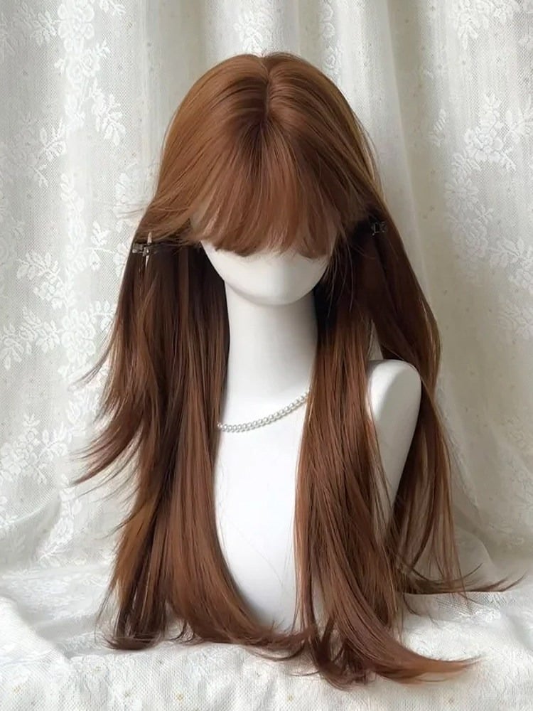 Orange Brown 65cm Air Bangs Straight Wig - Sleepy Fish