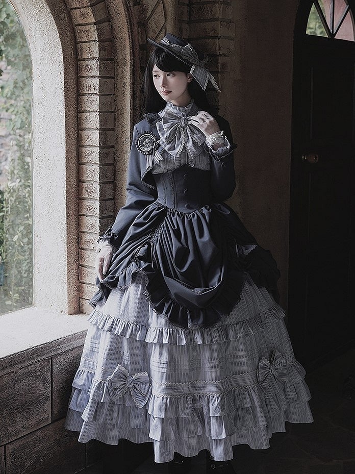 Gray Layered with Ruffle Skirt Classic Blue Lolita Elegant Striped Embellishments Bow