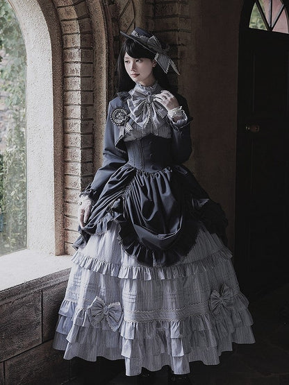 Gray Layered with Ruffle Skirt Classic Blue Lolita Elegant Striped Embellishments Bow