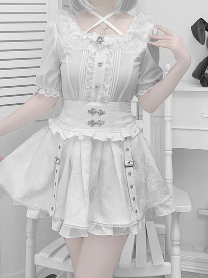 Techwear Style Jirai Kei Knot Skirt White with Cheongsam Buttons Jacquard