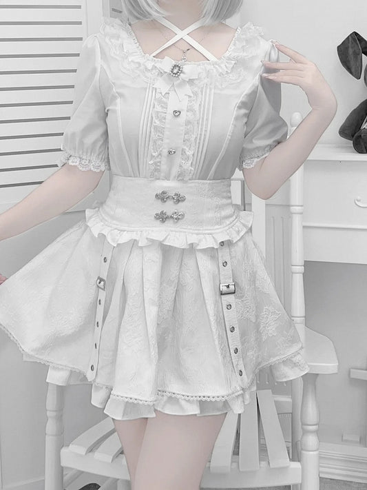 Techwear Style Jirai Kei Knot Skirt White with Cheongsam Buttons Jacquard