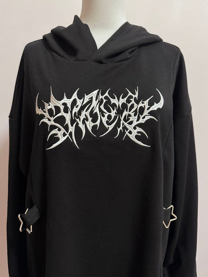 Schnalle Jirai verziert schwarz Hoodie Stickerei Details Kei