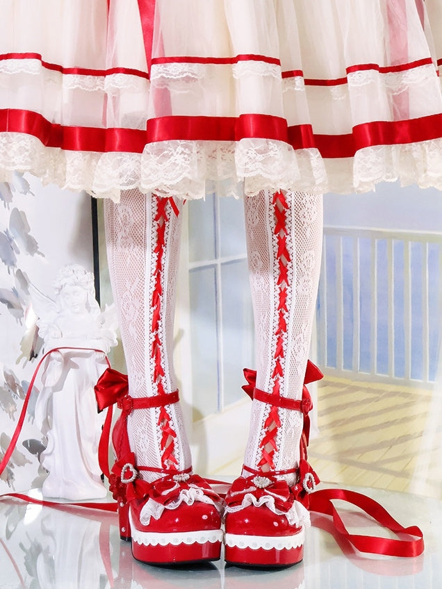 Lolita Mary Top Heart-Embellished Crystal - Snap High with Heel Sweet Red Block Bow Janes Heart