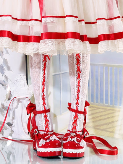 Lolita Mary Top Heart-Embellished Crystal - Snap High with Heel Sweet Red Block Bow Janes Heart