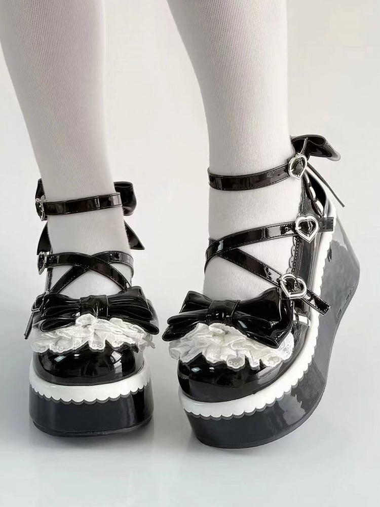 Black Design Sweet Platforms Scalloped Edge PU - Leather