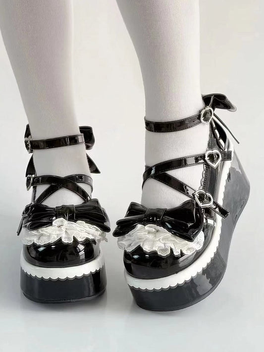 Black Design Sweet Platforms Scalloped Edge PU - Leather