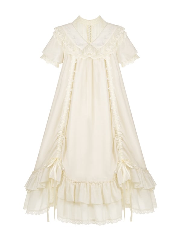 Beiges Lolita-Kleid mit kurzen, weiten Ärmeln und Kordelzug und Rosettendetails