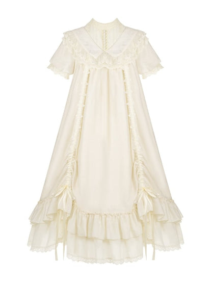 Beige Short Drawstring Loose Sleeves Lolita Embroidery with Rosette Details Dress