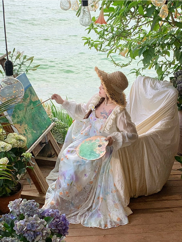 Urlaub Plus Größe Cami Kleid Spitze Patches Saum Ölgemälde Druck Weiß