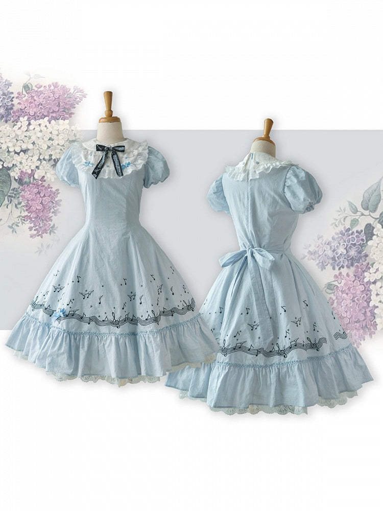 Light Blue Embroidered Music Note Lolita Gown with Panel Skirt and Puff Sleeves - Surface Spell