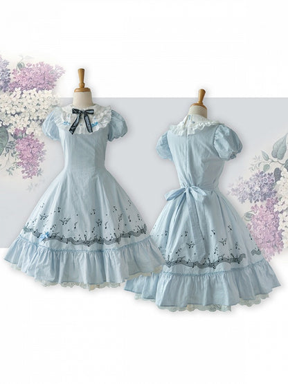 Light Blue Embroidered Music Note Lolita Gown with Panel Skirt and Puff Sleeves - Surface Spell