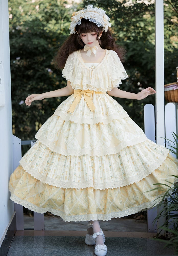 Lily and Cherry Print Yellow Natural Kei Lolita Tiered Dress - With PUJI