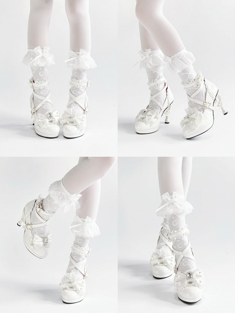 Shoes Off-white Bead - Princess Style Accent High-heel Bow Rhinestone