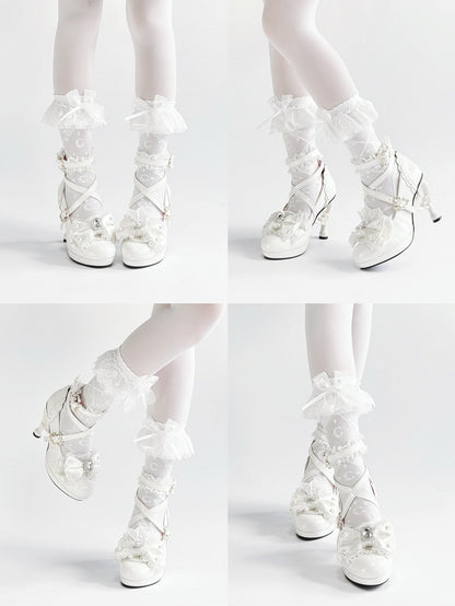 Shoes Off-white Bead - Princess Style Accent High-heel Bow Rhinestone