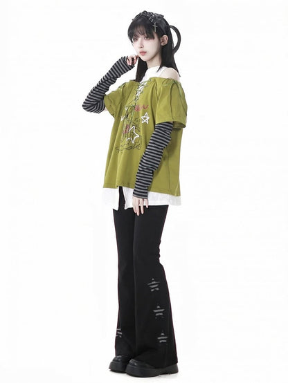 Schwarze Schlaghose mit Stern-Applikationen