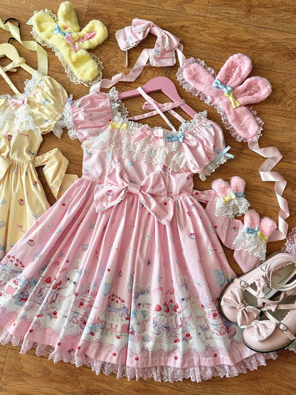 Ärmel Puff rosa Print Kleid Sweet Lolita Bunny und Cake Short