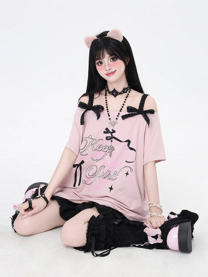 Pink Graphic T-Shirt Off-the-Shoulder Neckline with Lace Bows