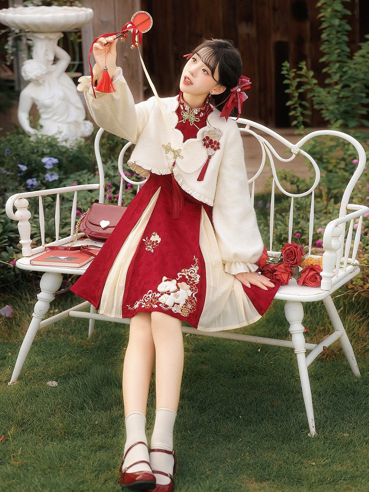 Red Floral Embroidered Chinese Dress with Plush White Top for Cold Seasons - Han Ru Chu Hanfu & Han-Element Studi