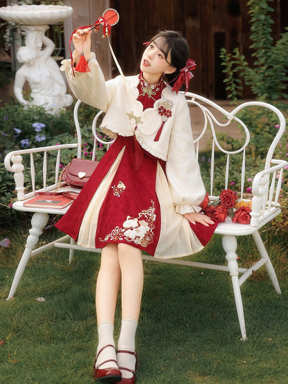 Red Floral Embroidered Chinese Dress with Plush White Top for Cold Seasons - Han Ru Chu Hanfu & Han-Element Studi