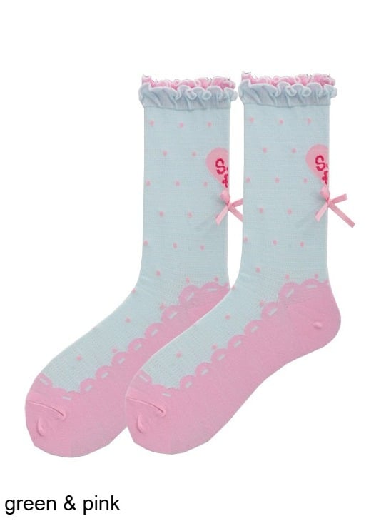 Polka Dot Heart Ankle Socks with Ruffle Lace Trim, 8 Colors - ROJI ROJI