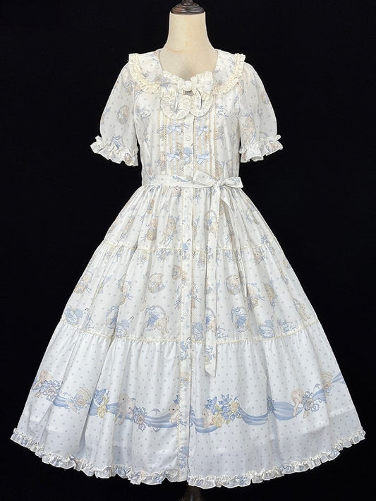 Robe décontractée lolita style cottagecore à imprimé petites fleurs bleues et agneaux - Miss Point