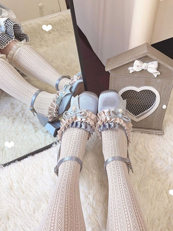 Chaussures habillées élégantes Lolita à talons carrés bleus de 4,5 cm avec garniture à volants et bout orné
